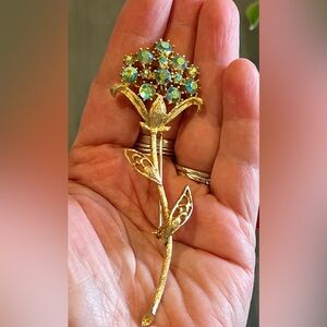 Vintage Gold Floral Brooch with Blue Green AB rhinestones